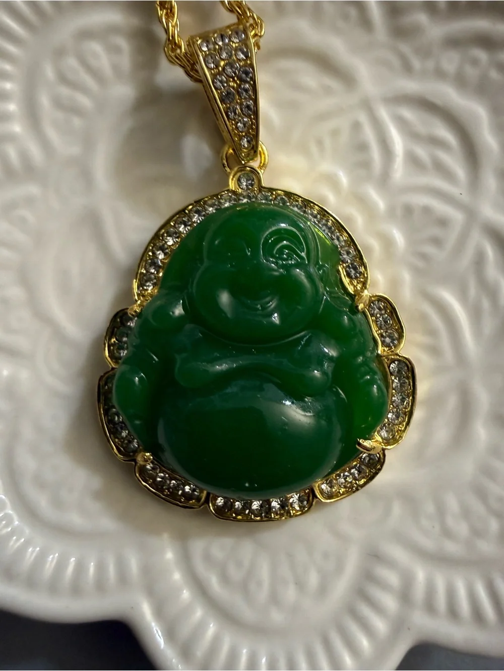 Women Maitreya Buddha Green Stone Zircon Pendant Lucky Amulet Fortune Necklace